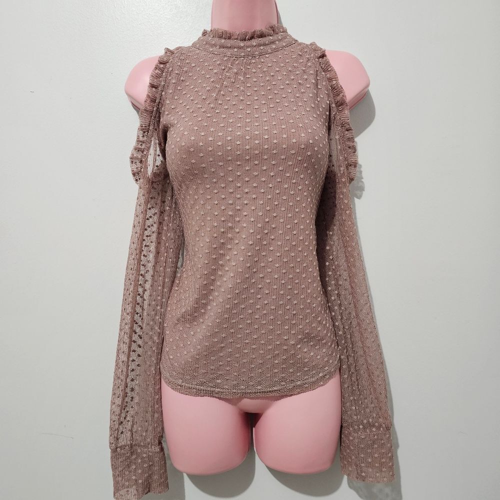 Maurices - Blouse Cold Shoulder Swiss Dot Mesh Ruffles -  Size S - Dusty Pink